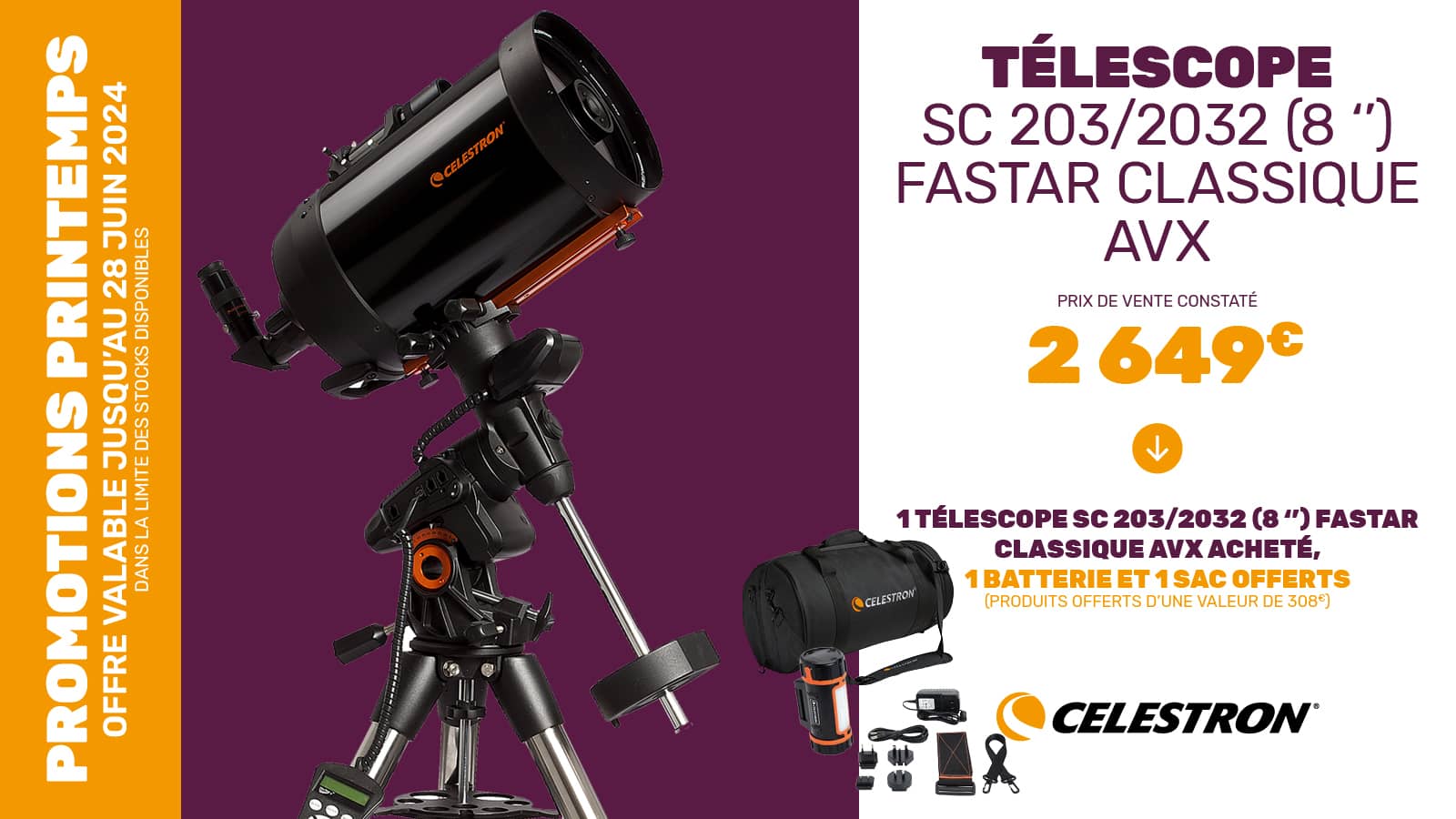 Promo Printemps 2024 - 1 Télescope SC 203/2032 (8 '') Fastar classique AVX acheté = 1 sac de transport + 1 batterie offerts